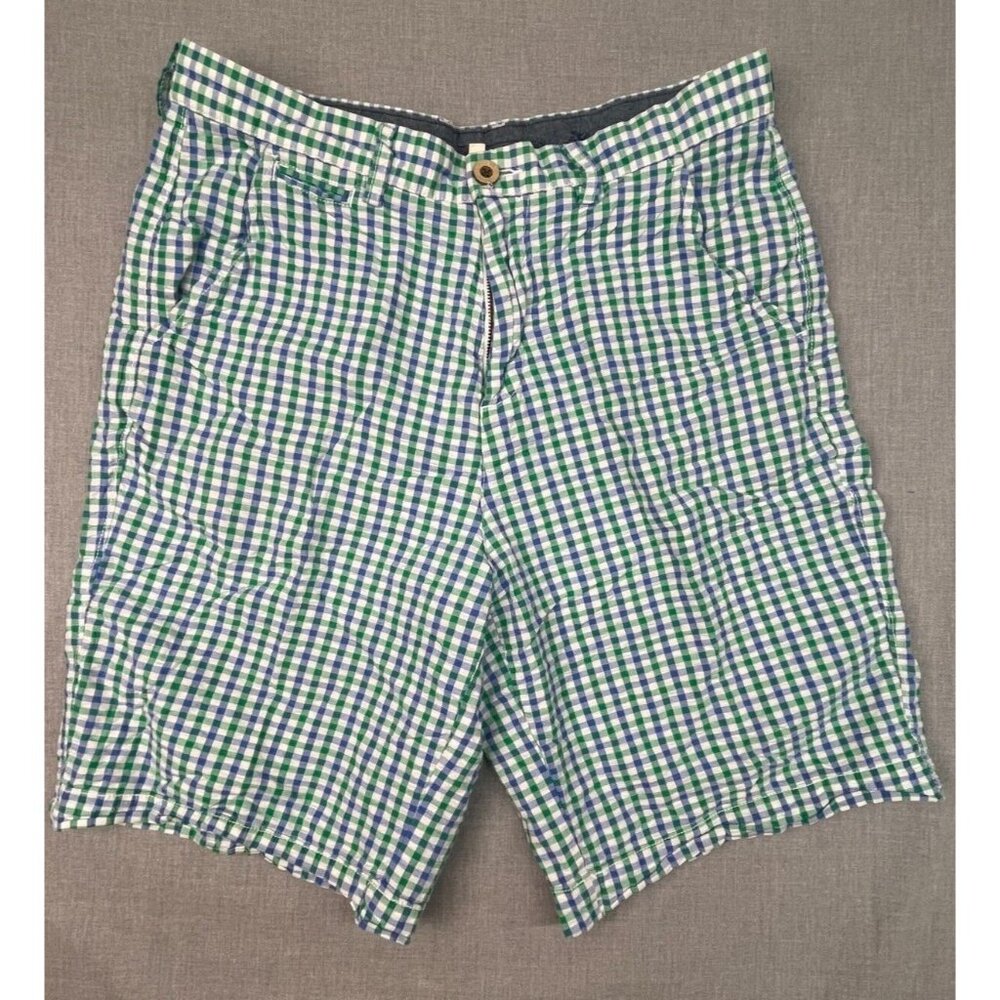 Islander Men's Green Blue White Plaid Cotton Side Pocket Casual Shorts 32" USED